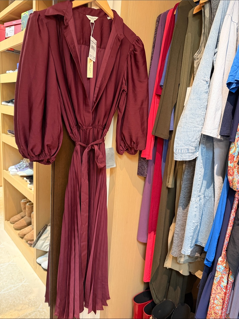 Burgundy Long Pleated Wrap Dress 3/4 sleeves